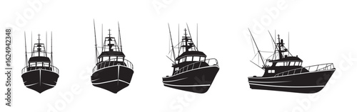 Set of a sport fishing boat silhouettes from different angles. Collection of a charter fishing boat in front, side and perspective views On white background