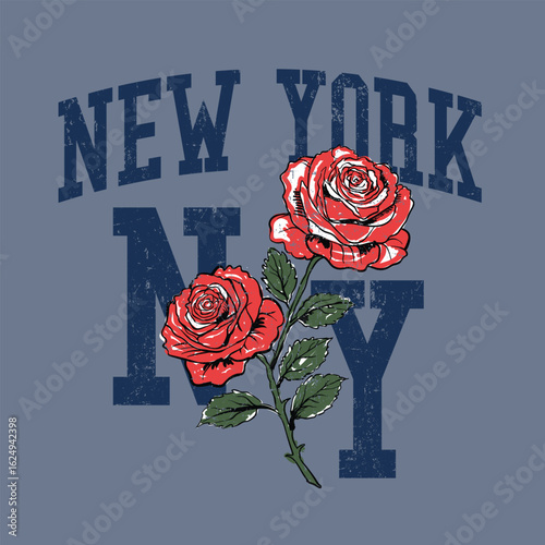 new York NY city text print design. typography college artwork. collage t shirt print design. red rose hand drawn flowers.
