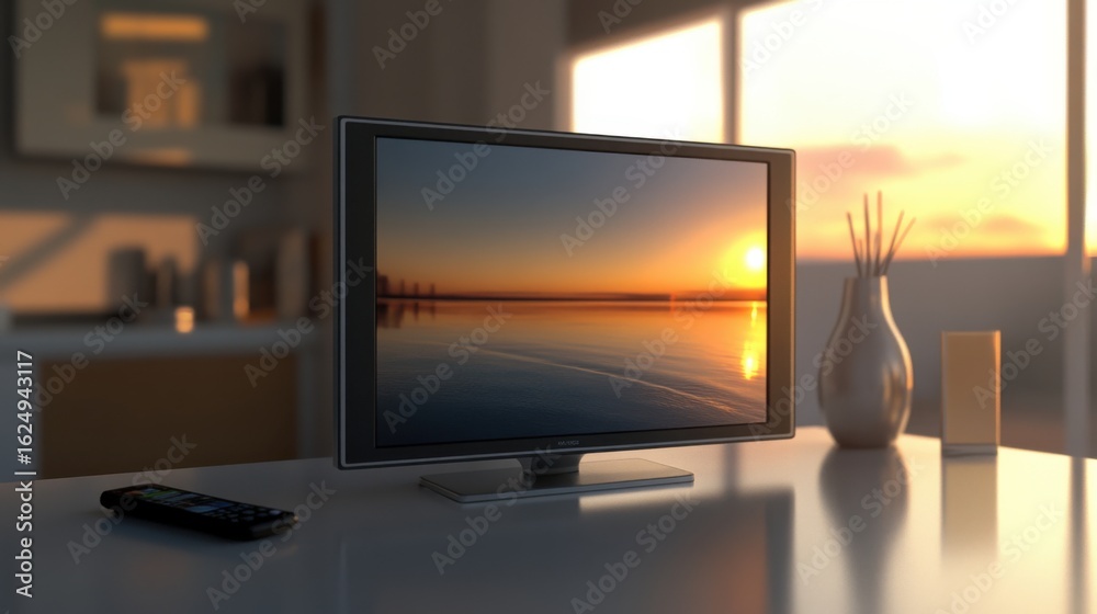 Fototapeta premium Modern flat-screen TV on Table displaying serene sunset landscape photorealistic living room with warm lighting and soft interior accents