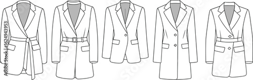Long blazer sketch, women fashion jacket CAD, belted coat flat, double-breasted blazer, technical drawing, tailored jacket illustration