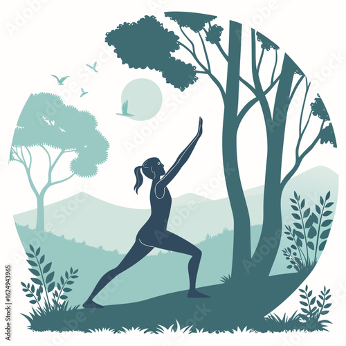 Woman practicing yoga warrior pose outdoors with trees and birds in a serene landscape