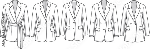 Women’s blazer vector, fashion flat sketch, tailored jacket cad, double-breasted blazer, notched lapel, fashion design illustration
