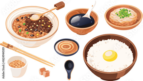 Illustration of various japanese dishes including rice bowls and condiments arranged together nicely