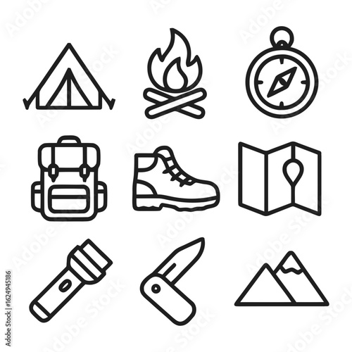Outdoor Adventure Line Icons Set: Camping, Hiking, Exploration
