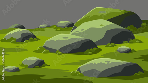 Rugged weathered boulder field adorned with vibrant moss patches