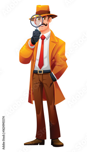Man in detective outfit holding magnifying glass for investigation and search of clues. Vector cartoon character illustration