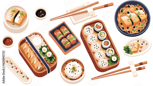 A delightful assortment of japanese cuisine featuring sushi bento boxes and noodle dishes beautifully arranged