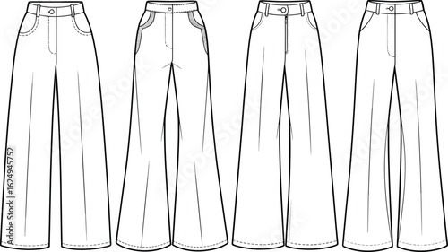 Wide leg jeans vector, cad drawing flat vector illustration, front back view, five pocket, button zip fly, denim sketch, high waist pants