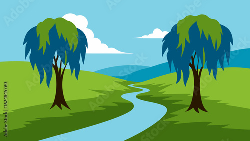 Graceful willow trees draping over a tranquil quiet stream landscape