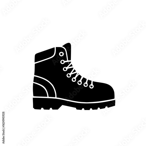 Silhouette illustration of a sturdy hiking boot with laces, featuring a reinforced ankle and a thick sole, isolated on a white background.