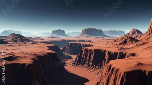 Alien desert canyon landscape resembling Mars environment cinematic wide shot futuristic exploration concept