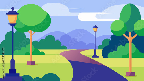 Elegant Botanical Park Scene with Paved Trail and Lamp Posts