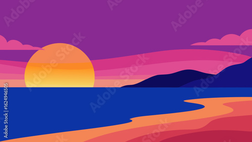 Striking Bold Vector of Beach and Dusk Sun Design