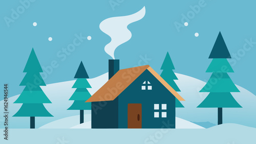 Cozy Cabin Among Snow Covered Pines with Smoke From Chimney