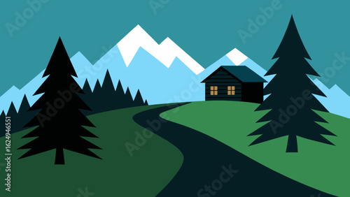 Remote Cabin Beside a Narrow Mountain Trail Through Pines