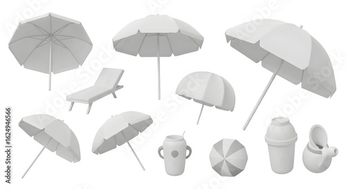 Collection of white beach umbrellas and beach items    .ai generative, transparent background, white background. isolated on white background, png, jpeg, jpg.