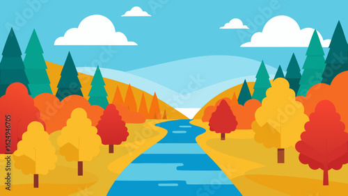 Vibrant Calm River with Colorful Forest Trees During Fall