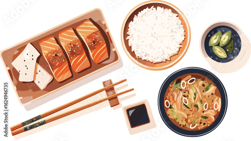 Overhead view of a japanese meal with salmon, rice, soup, and tofu arranged on a white background