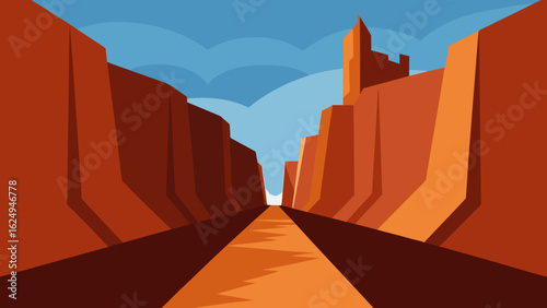 Dramatic Canyon Pathway with Towering Walls and Red Rocks