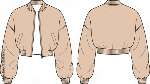 Cropped bomber jacket vector, front back view, oversized sleeves, zip front, cad drawing flat vector illustration, streetwear, women’s fashion sketch