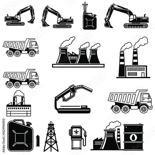 Industrial machinery and fuel icons excavator dump truck