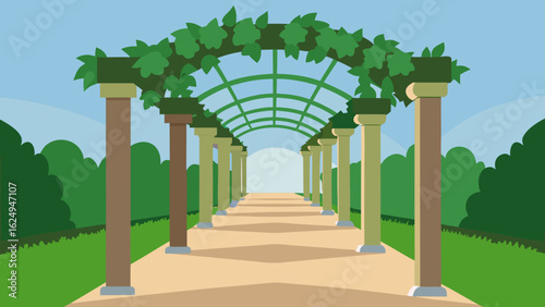 Charming City Park Pergola Covered in Ivy with Paved Path
