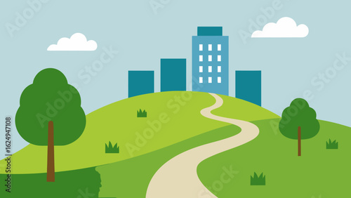 Peaceful City Park Hill with Walking Trail and Urban Backdrop