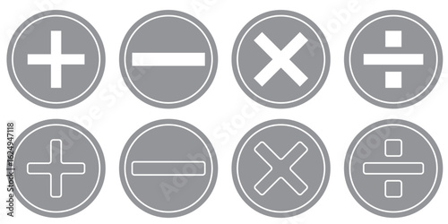 Plus, minus, multiply, divide and equal sign icon design set. Addition, subtraction, multiplication, division, equal sign, icon symbol. Mathematical symbol icon.