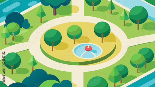 Aerial City Park Top View with Trees and Circular Paths