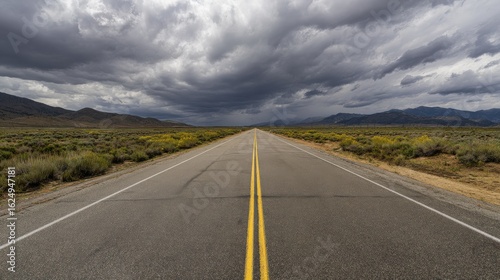 Cinematic perspective of endless road under stormy heavens. Great for soundtrack album art, screenplay pitch decks, or environmental awareness materials.