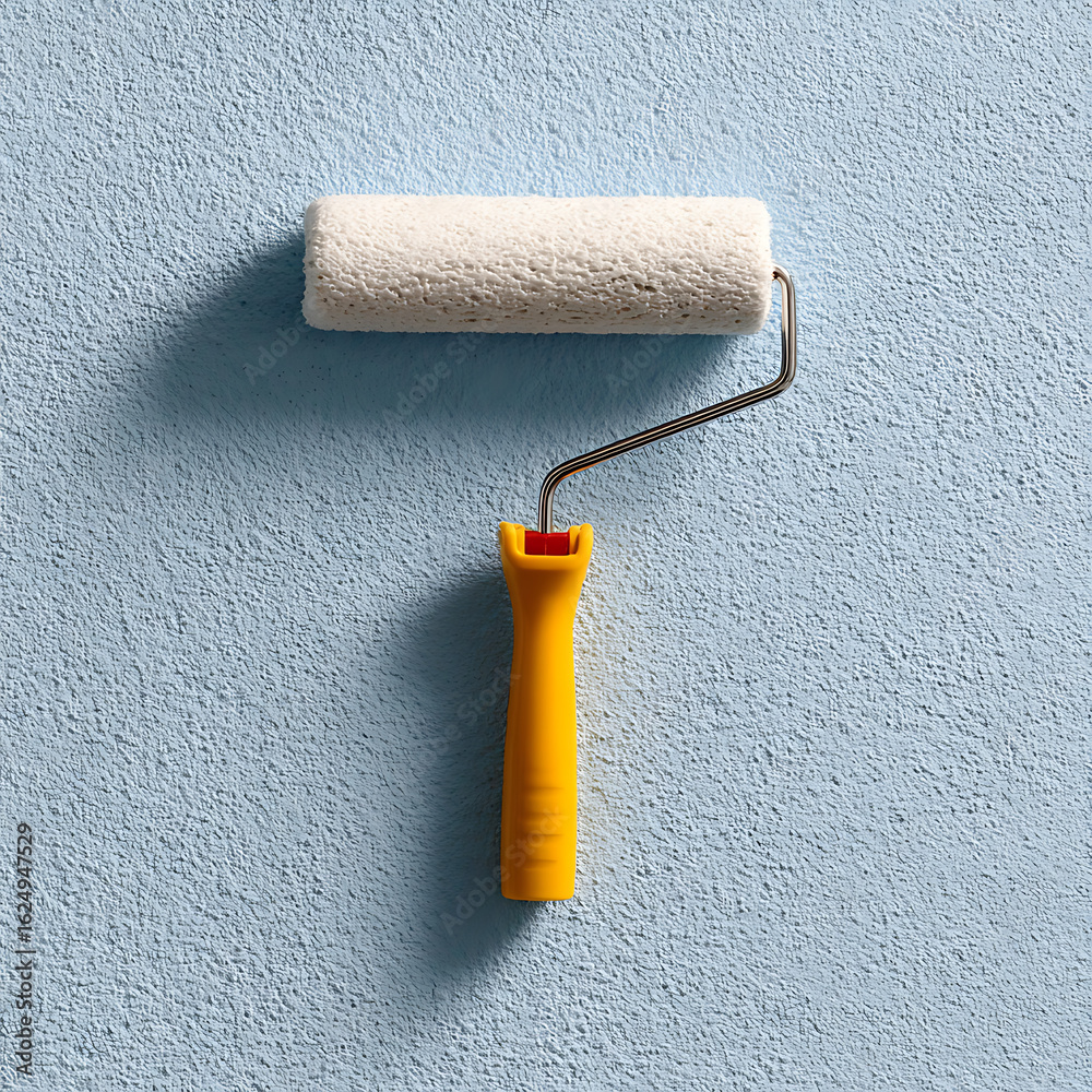 Obraz premium Paint Roller with Yellow Handle on a Textured Blue Wall for Home Improvement and DIY Projects
