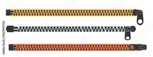 Zipper silhouette, set zipper lock or unlock. Fastener slide with puller. Split cloth pulling zip. Collection Apparel accessories simple drawing.