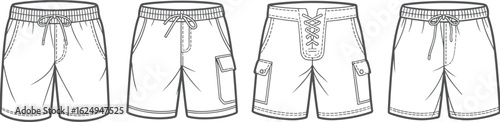 Men’s swim shorts vector, elastic waist, drawstring, cargo pocket, casual beachwear, cad drawing flat vector illustration, fashion template, active surf shorts