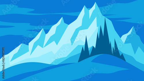 Cool Tone Illustration of Icy Mountain Terrain and Peaks