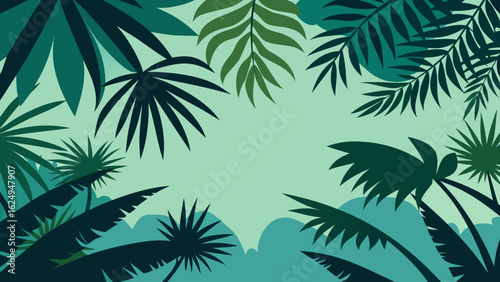 Dense Tropical Canopy from Below Palm and Fern Leaves