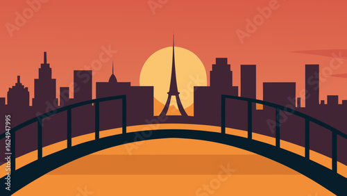 Distant Skyline Behind a Sunset Lit Pedestrian Bridge Urban View