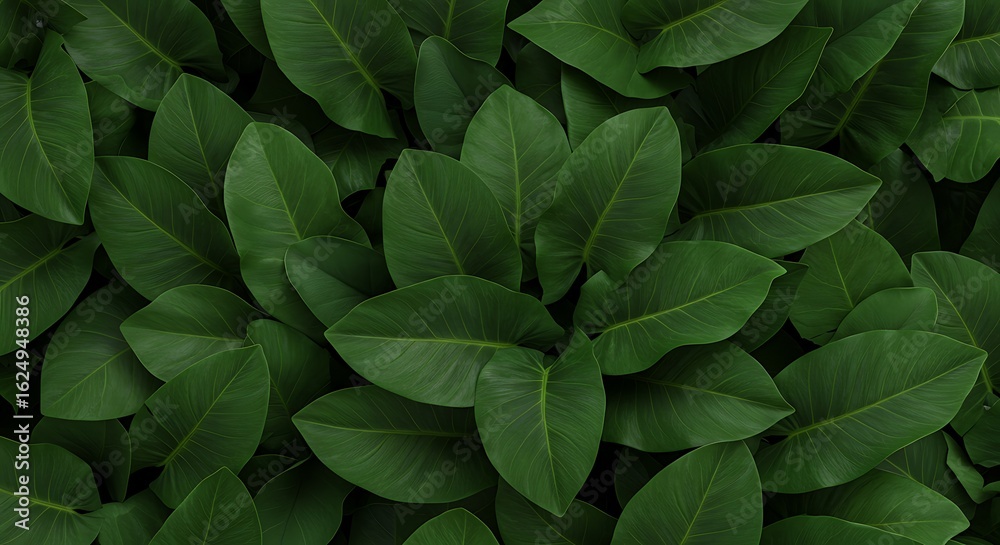 Obraz premium A lush wallpaper of dark green tropical leaves viewed from above, creating a dense natural background texture