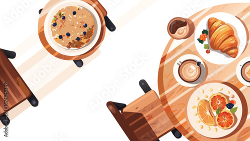 Overhead view of breakfast scene with oatmeal, croissant, coffee, and orange slices on wooden tables