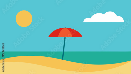 Flat Cartoon Beach with Sun Umbrella Silhouette Tropical Scene