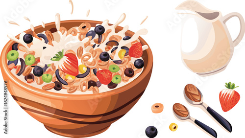 A bowl of cereal with milk and fruit next to a pitcher and two spoons on a white background