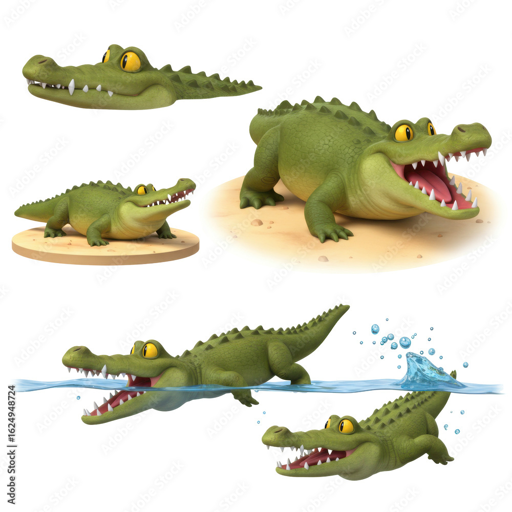 Fototapeta premium Set of 3D cartoon crocodile and alligator characters. Collection of green reptiles swimming, floating, and relaxing in the water. Swamp animal mascot isolated on transparent background.