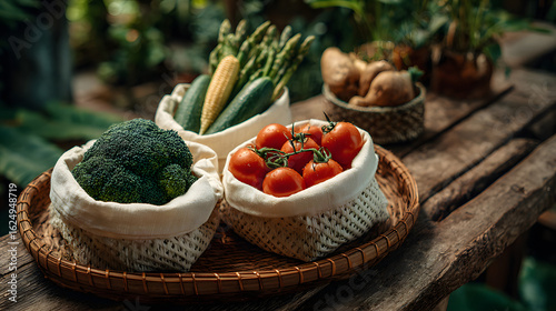 Reusable cotton produce bags filled with fresh vegetables like tomatoes, broccoli, and asparagus sit on rustic wooden table, creating eco friendly and sustainable vibe