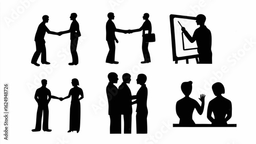 Silhouetted figures depict handshakes, a presentation, and a discussion, all in monochrome black and white