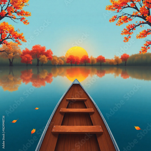 Canoe by calm lake with fall trees