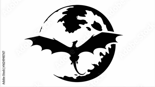 Silhouette of a dragon with outstretched wings flying in front of a full moon in black and white style