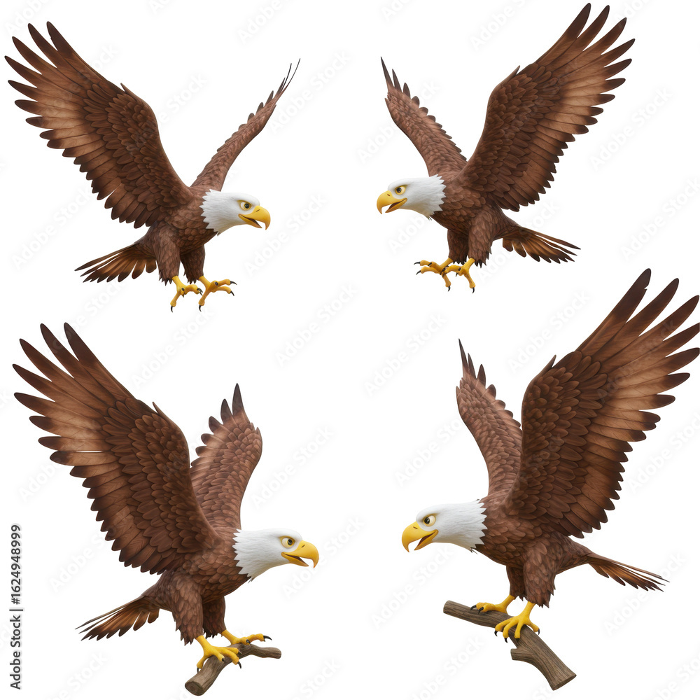 Obraz premium Majestic 3D cartoon eagle character set. Collection of eagles, hawks, and falcons flying and soaring with wings spread. Bird of prey mascot isolated on transparent background.