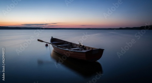 Rowboat at Dusk: A Serene Lakeside Scene at Twilight with Calm Water