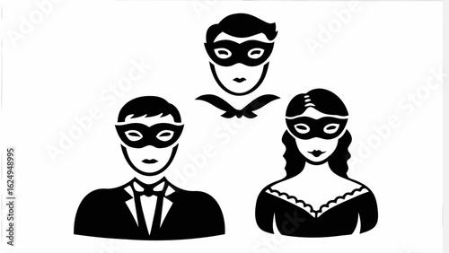 Illustration of three people wearing masks, one man in a suit, and one woman with a decorative neckline dress silhouette