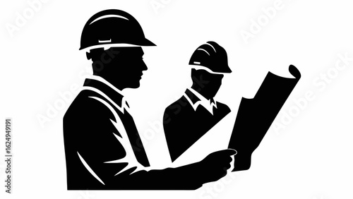 Two construction workers in silhouette wearing hard hats reviewing a blueprint in black and white style