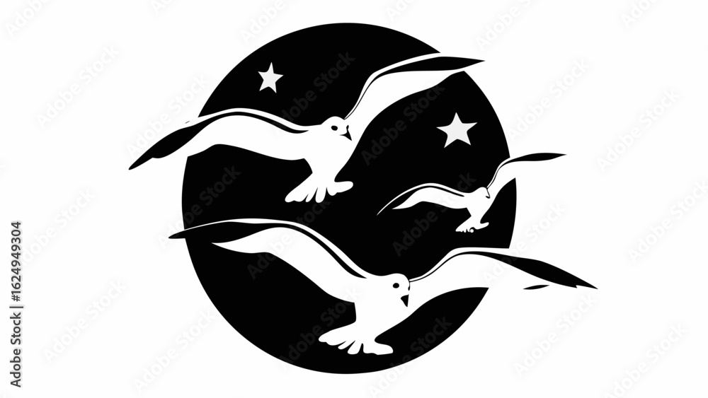 Fototapeta premium Illustration of a black circle with white seagulls and stars in a monochrome color scheme design art silhouette